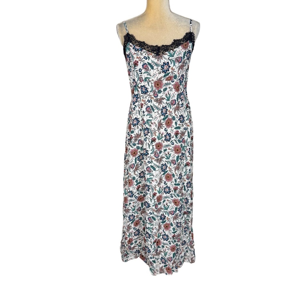 Naf Naf White Blue Pink Floral Lace Trim Adjustable Straps Maxi Dress Size 10